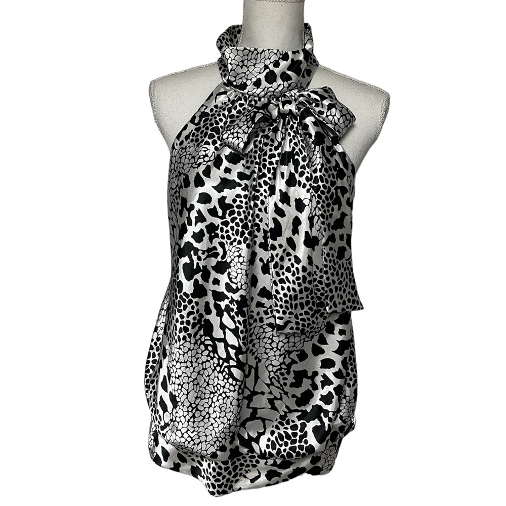 R&K Evening High Collar Animal Print Halter Top With Bow
